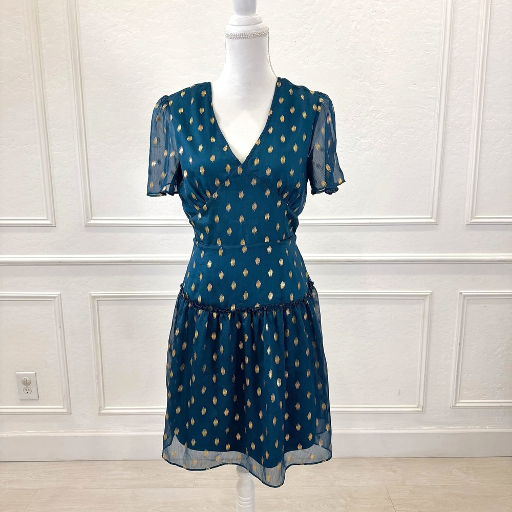 Francesca's Del Mar Teal Gold Polka Dot Flutter Sleeve VNeck Mini Dress | Medium